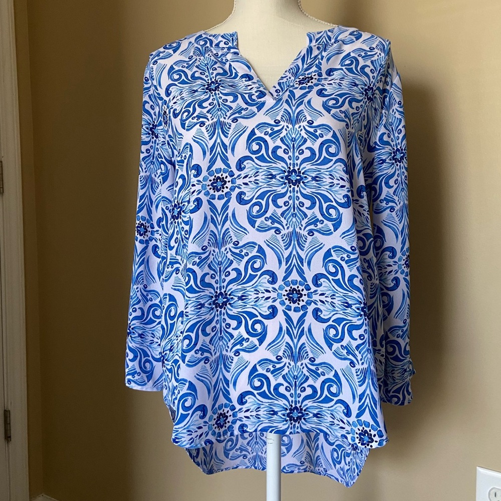 Blue and white patterned Cato Blouse
